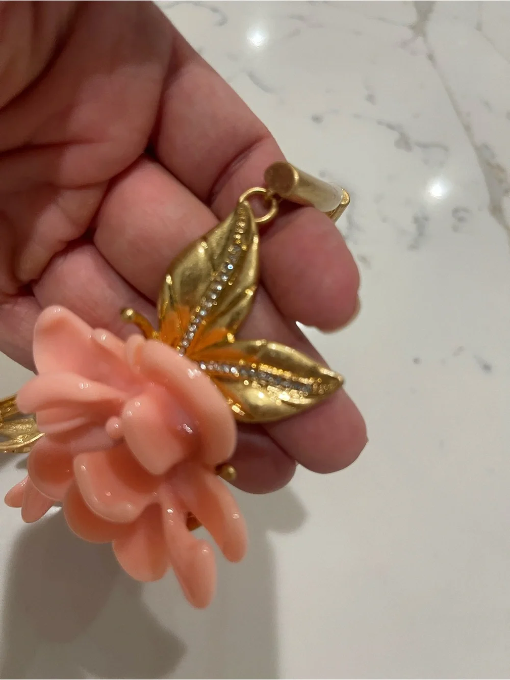 Vintage 18K Gold Plated and Pink Floral Statement Necklace and Earring Set